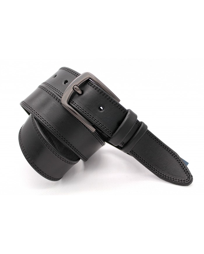 Leather men's belt with striped ornament